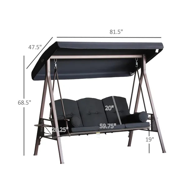 Outsunny Patio Swing 3-Person Steel Canopy Bench with Side Trays Padded Comfort in Black - product image 3