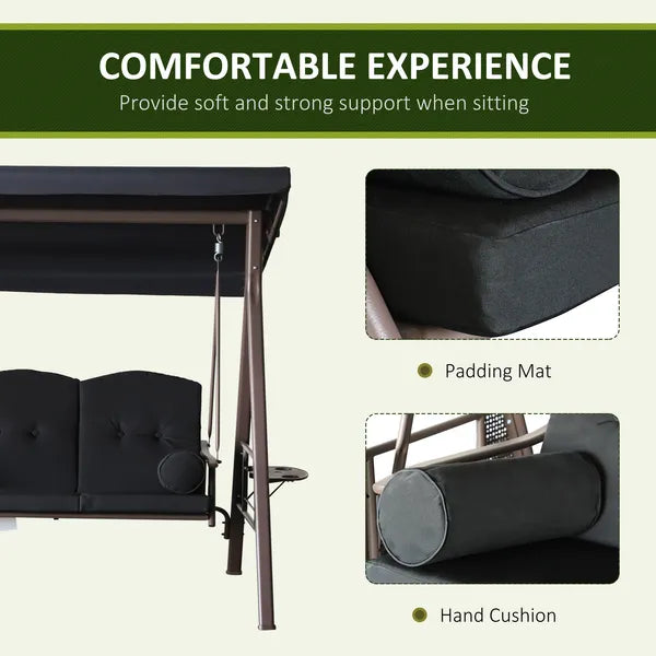 Outsunny Patio Swing 3-Person Steel Canopy Bench with Side Trays Padded Comfort in Black - product image 6