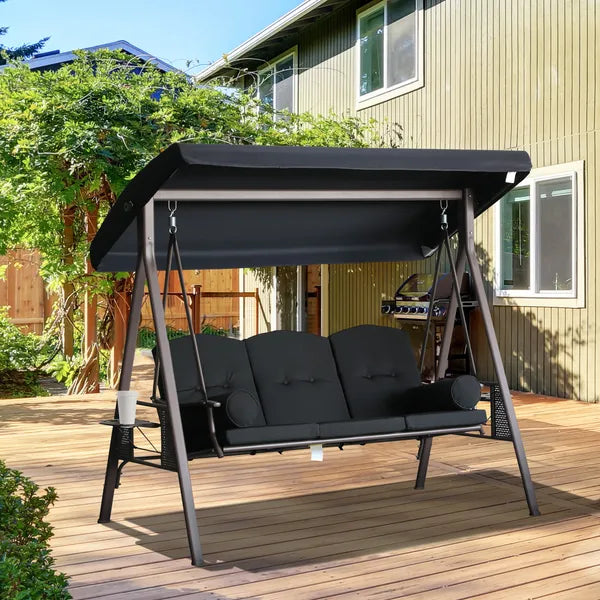 Outsunny Patio Swing 3-Person Steel Canopy Bench with Side Trays Padded Comfort in Black - product image 2