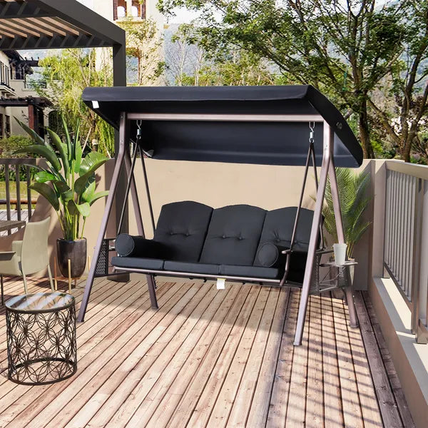 Outsunny Patio Swing 3-Person Steel Canopy Bench with Side Trays Padded Comfort in Black - product image 10
