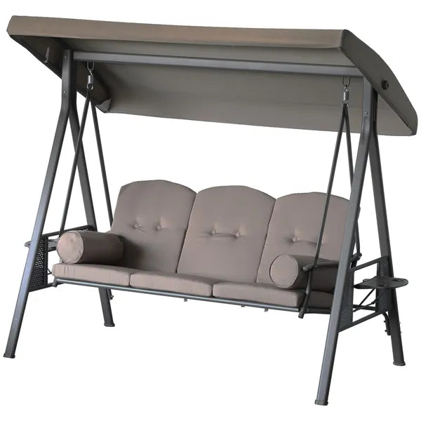Patio Swing Bench 3-Person Steel Canopy Cushioned with Side Trays Comfortable Brown - product image 11