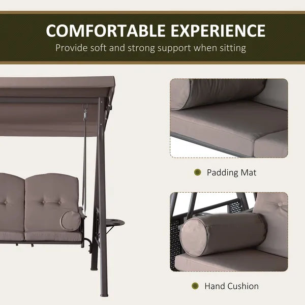 Patio Swing Bench 3-Person Steel Canopy Cushioned with Side Trays Comfortable Brown - product image 6