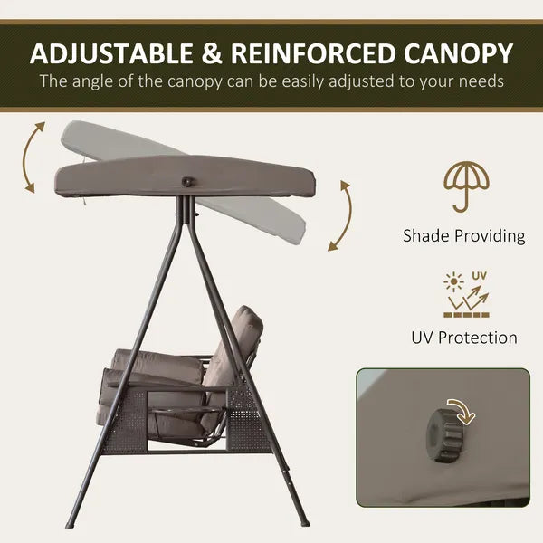 Patio Swing Bench 3-Person Steel Canopy Cushioned with Side Trays Comfortable Brown - product image 4
