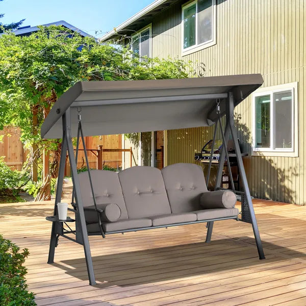 Patio Swing Bench 3-Person Steel Canopy Cushioned with Side Trays Comfortable Brown - product image 2