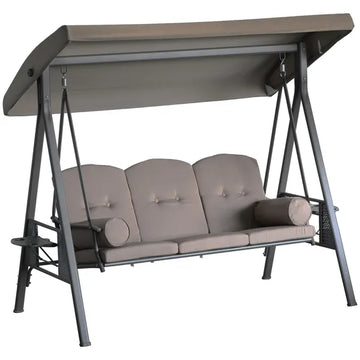 Patio Swing Bench 3-Person Steel Canopy Cushioned with Side Trays Comfortable Brown - product image 1