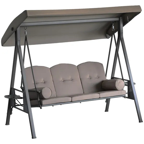 Patio Swing Bench 3-Person Steel Canopy Cushioned with Side Trays Comfortable Brown - product image 1