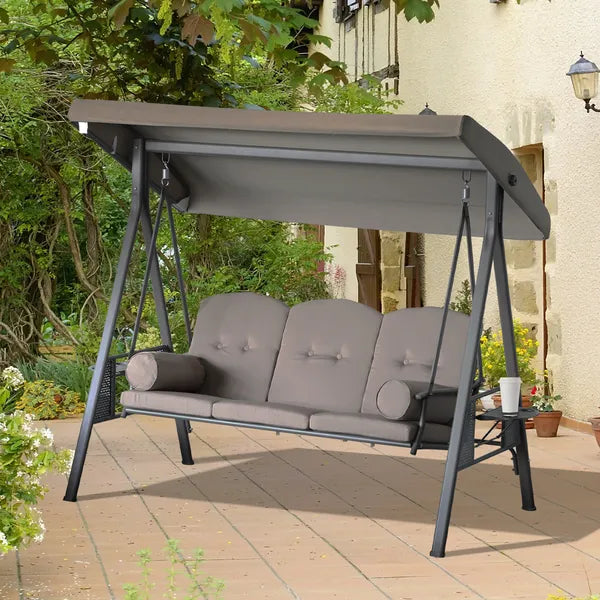Patio Swing Bench 3-Person Steel Canopy Cushioned with Side Trays Comfortable Brown - product image 10
