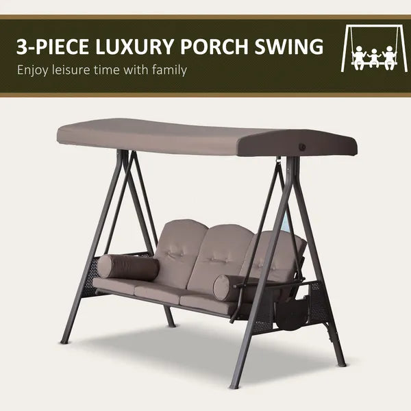 Patio Swing Bench 3-Person Steel Canopy Cushioned with Side Trays Comfortable Brown - product image 7