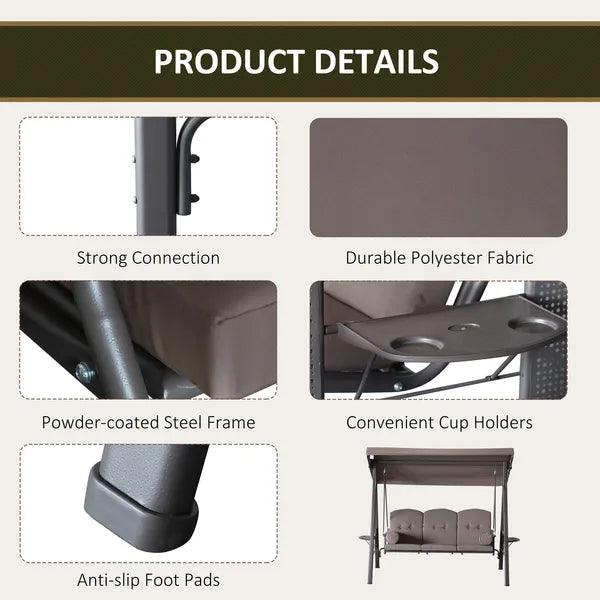 Patio Swing Bench 3-Person Steel Canopy Cushioned with Side Trays Comfortable Brown - product image 5