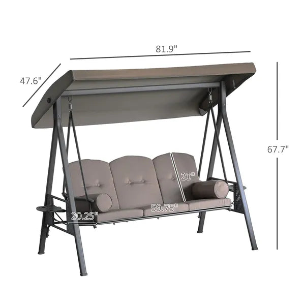 Patio Swing Bench 3-Person Steel Canopy Cushioned with Side Trays Comfortable Brown - product image 3