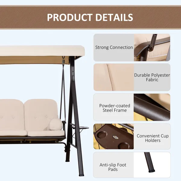 Outsunny 3-Seat, Canopy Shade, Removable Cushions, Side Trays in Beige Elegance - product image 5