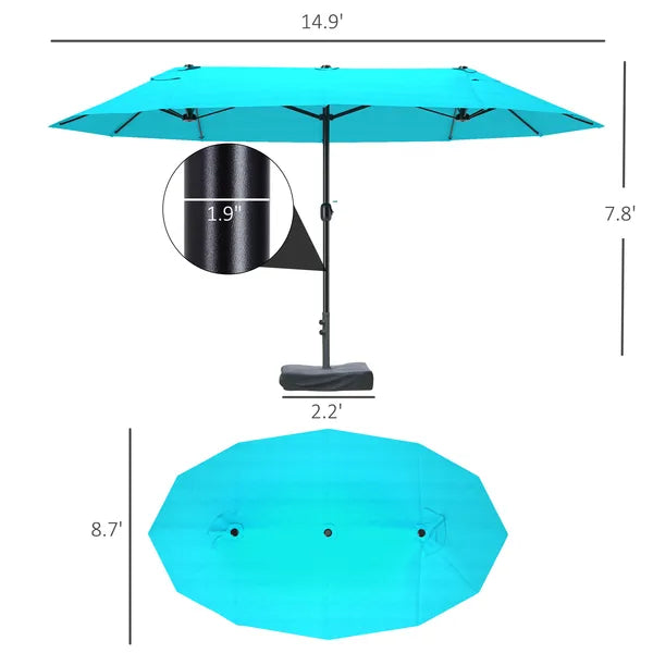 Outsunny Patio Umbrella, 15 ft Steel Rectangular Outdoor Double Sided Market Umbrella with Base, Sun Protection and Easy Crank, Blue - product image 3