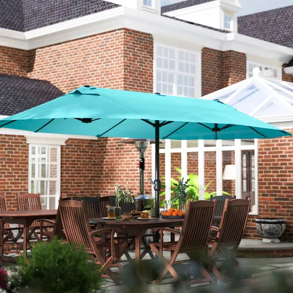 Outsunny Patio Umbrella, 15 ft Steel Rectangular Outdoor Double Sided Market Umbrella with Base, Sun Protection and Easy Crank, Blue - product image 10