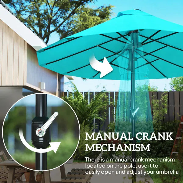 Outsunny Patio Umbrella, 15 ft Steel Rectangular Outdoor Double Sided Market Umbrella with Base, Sun Protection and Easy Crank, Blue - product image 5