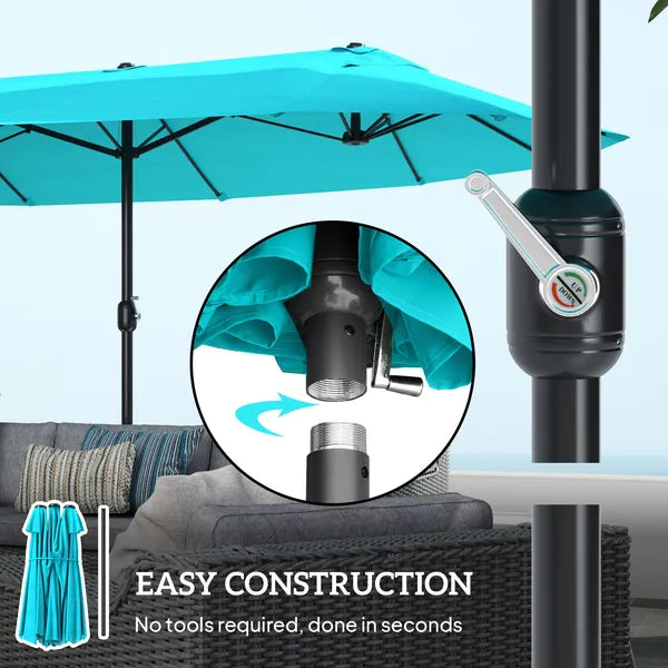 Outsunny Patio Umbrella, 15 ft Steel Rectangular Outdoor Double Sided Market Umbrella with Base, Sun Protection and Easy Crank, Blue - product image 6
