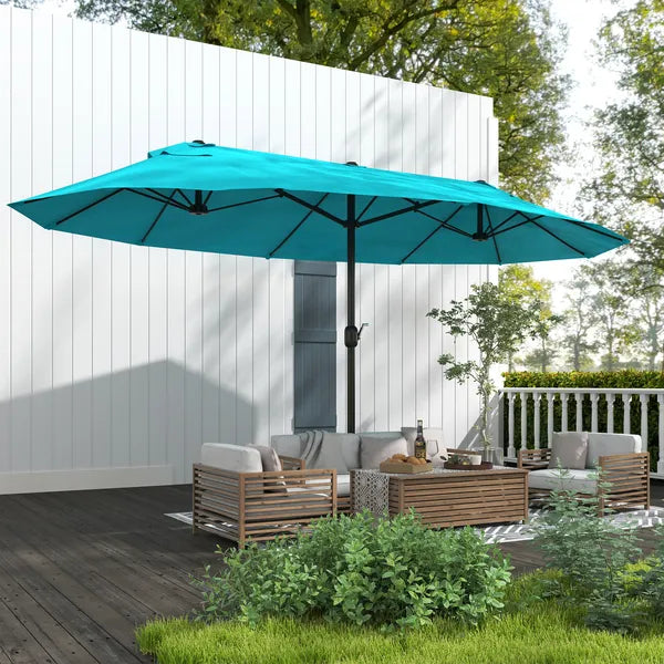 Outsunny Patio Umbrella, 15 ft Steel Rectangular Outdoor Double Sided Market Umbrella with Base, Sun Protection and Easy Crank, Blue - product image 8