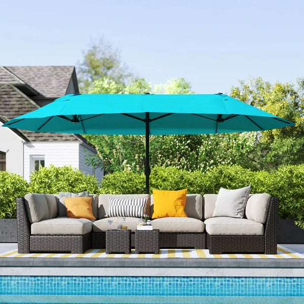 Outsunny Patio Umbrella, 15 ft Steel Rectangular Outdoor Double Sided Market Umbrella with Base, Sun Protection and Easy Crank, Blue - product image 2