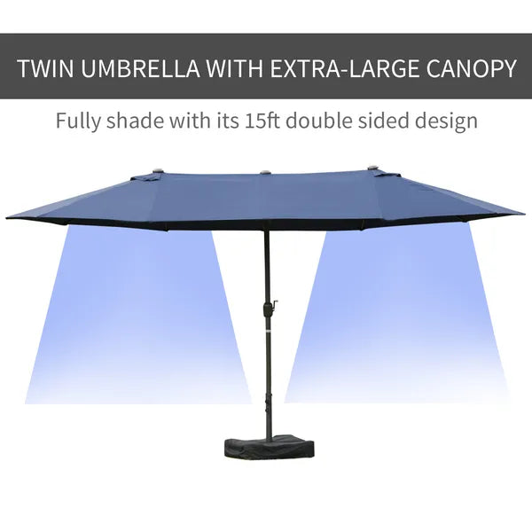 Outsunny Patio Umbrella 15' Steel Rectangular Outdoor Double Sided Market with base, UV Sun Protection and Easy Crank for Deck Pool Patio, Dark Blue - product image 4