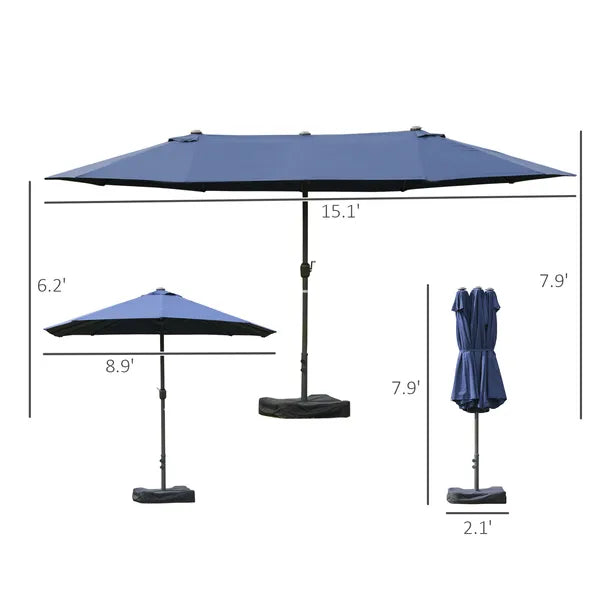 Outsunny Patio Umbrella 15' Steel Rectangular Outdoor Double Sided Market with base, UV Sun Protection and Easy Crank for Deck Pool Patio, Dark Blue - product image 3