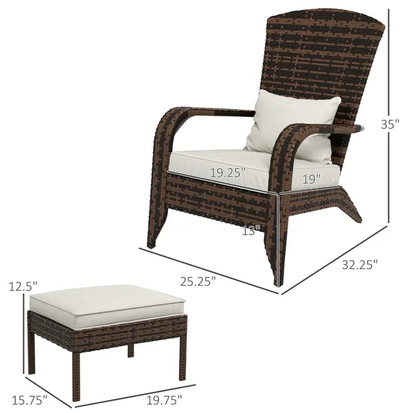 Outsunny Patio Wicker Adirondack Chair with Ottoman, Cream White Cushions, High-Back and Large Seat, Outdoor Fire Pit Chair, Deck, Garden, Backyard - product image 3