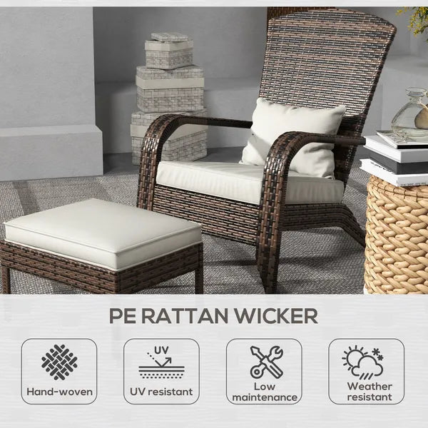 Outsunny Patio Wicker Adirondack Chair with Ottoman, Cream White Cushions, High-Back and Large Seat, Outdoor Fire Pit Chair, Deck, Garden, Backyard - product image 4