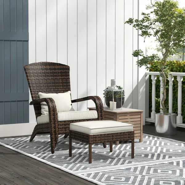 Outsunny Patio Wicker Adirondack Chair with Ottoman, Cream White Cushions, High-Back and Large Seat, Outdoor Fire Pit Chair, Deck, Garden, Backyard - product image 2