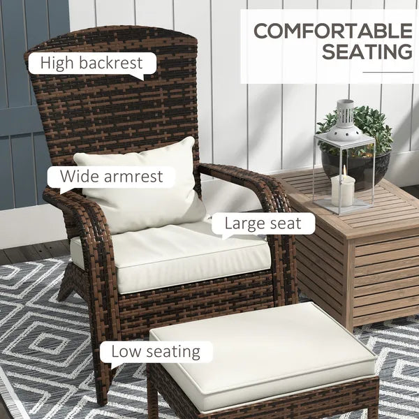 Outsunny Patio Wicker Adirondack Chair with Ottoman, Cream White Cushions, High-Back and Large Seat, Outdoor Fire Pit Chair, Deck, Garden, Backyard - product image 5