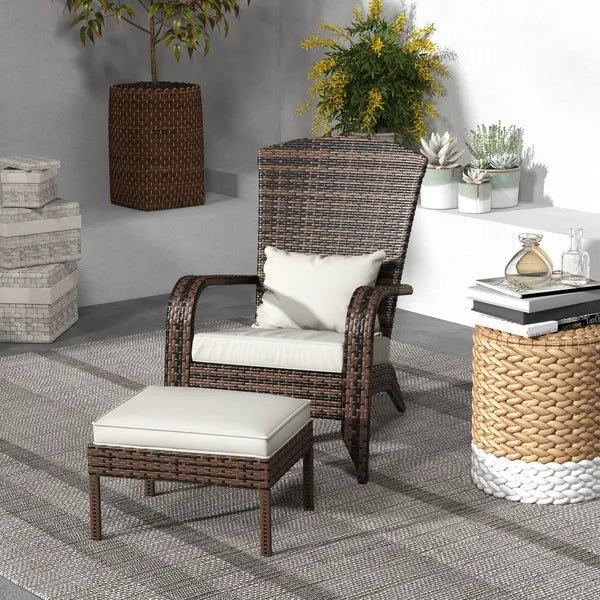Outsunny Patio Wicker Adirondack Chair with Ottoman, Cream White Cushions, High-Back and Large Seat, Outdoor Fire Pit Chair, Deck, Garden, Backyard - product image 10