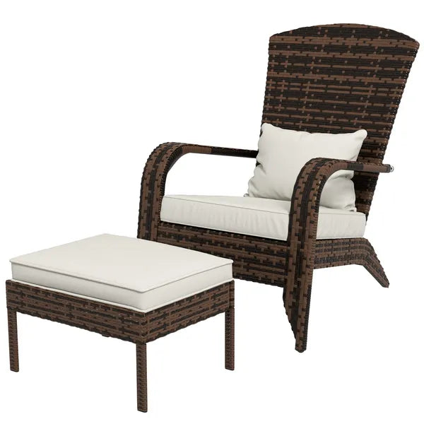 Outsunny Patio Wicker Adirondack Chair with Ottoman, Cream White Cushions, High-Back and Large Seat, Outdoor Fire Pit Chair, Deck, Garden, Backyard - product image 1