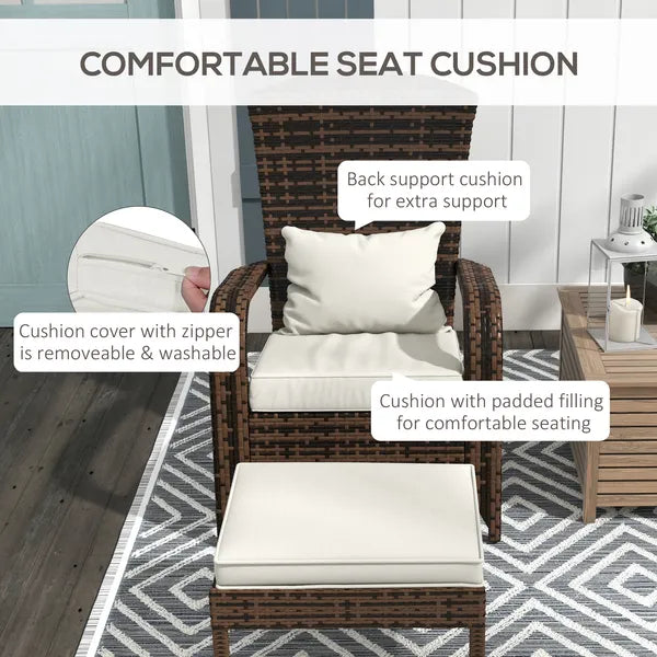 Outsunny Patio Wicker Adirondack Chair with Ottoman, Cream White Cushions, High-Back and Large Seat, Outdoor Fire Pit Chair, Deck, Garden, Backyard - product image 6