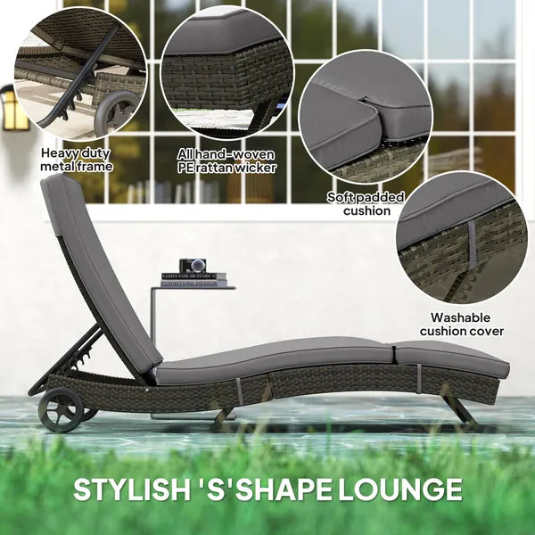 Patio Wicker Chaise Lounge Chair, Outdoor PE Rattan Sun lounger with Adjustable Backrest and 2 Wheels, Gray - product image 6