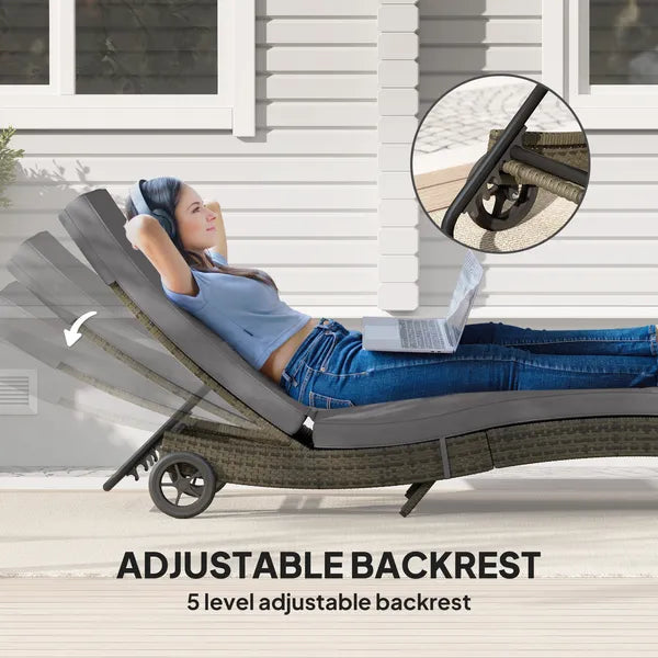 Patio Wicker Chaise Lounge Chair, Outdoor PE Rattan Sun lounger with Adjustable Backrest and 2 Wheels, Gray - product image 5