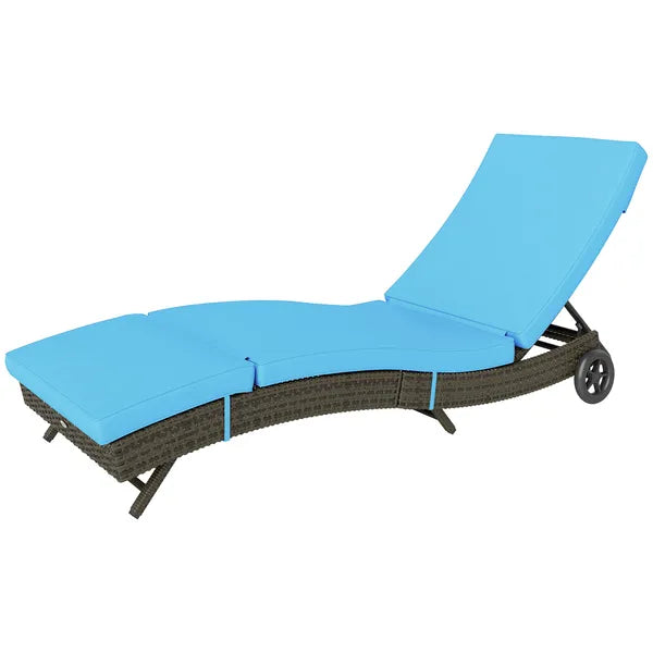 Outsunny Patio Wicker Chaise Lounge Chair, Outdoor PE Rattan Sun lounger with Adjustable Backrest and 2 Wheels, Sky Blue - product image 1