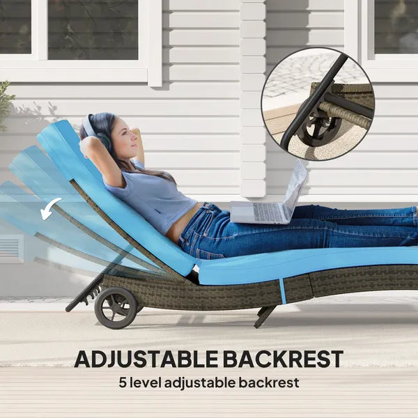 Outsunny Patio Wicker Chaise Lounge Chair, Outdoor PE Rattan Sun lounger with Adjustable Backrest and 2 Wheels, Sky Blue - product image 5