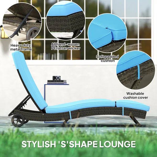 Outsunny Patio Wicker Chaise Lounge Chair, Outdoor PE Rattan Sun lounger with Adjustable Backrest and 2 Wheels, Sky Blue - product image 6