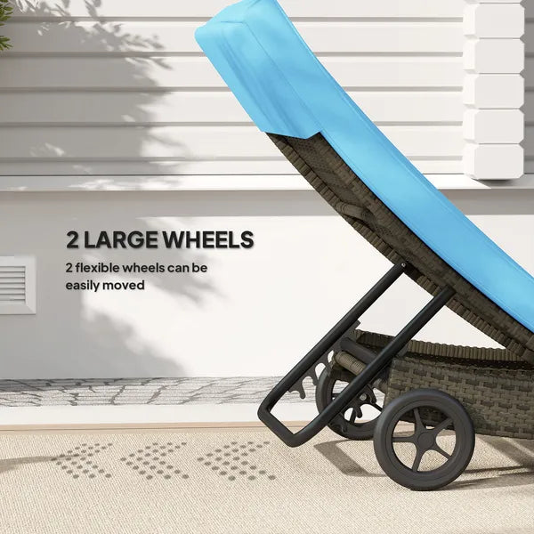 Outsunny Patio Wicker Chaise Lounge Chair, Outdoor PE Rattan Sun lounger with Adjustable Backrest and 2 Wheels, Sky Blue - product image 4