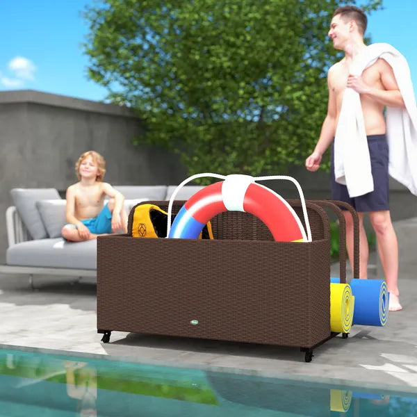 PE Rattan Pool Float Storage Organizer with Wheels, Brown - product image 2