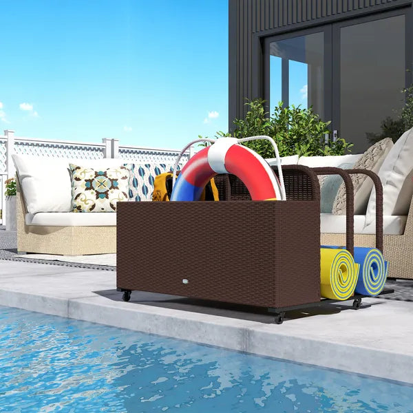 PE Rattan Pool Float Storage Organizer with Wheels, Brown - product image 8
