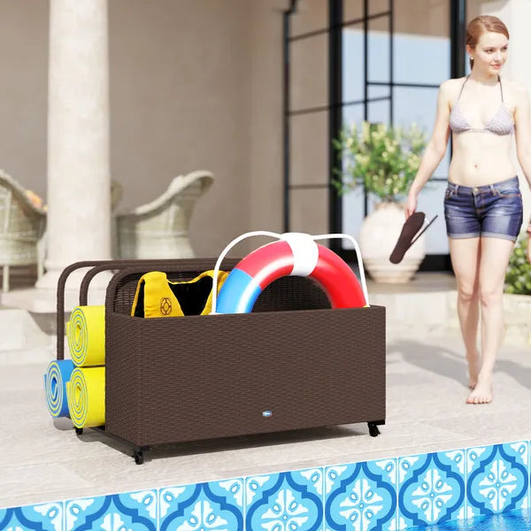 PE Rattan Pool Float Storage Organizer with Wheels, Brown - product image 10