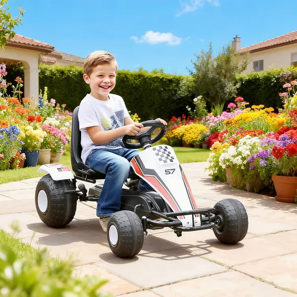 Pedal Go Kart Children Ride on Car Racing Style with Adjustable Seat, Plastic Wheels, Handbrake and Shift Lever, White - product image 2