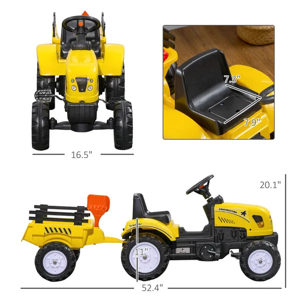 Aosom Pedal Go Kart for Kids, Ride-On Tractor with Back Trailer, Shovel and Rake, Fun Yellow, for 3+ Years - product image 3