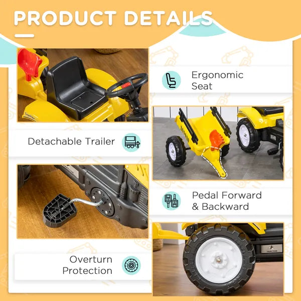 Aosom Pedal Go Kart for Kids, Ride-On Tractor with Back Trailer, Shovel and Rake, Fun Yellow, for 3+ Years - product image 4
