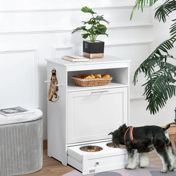 PawHut Pet Feeder Station with Storage, Dog Food Storage Container with 2 Raised Dog Bowls, White - product image 2