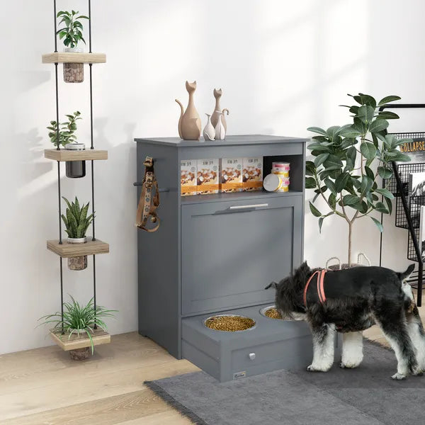 PawHut Pet Feeding Station with Dog Food Storage Cabinet and Adjustable Raised Bowls Gray - product image 2