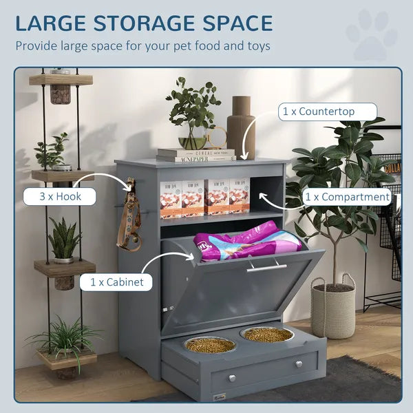 PawHut Pet Feeding Station with Dog Food Storage Cabinet and Adjustable Raised Bowls Gray - product image 5