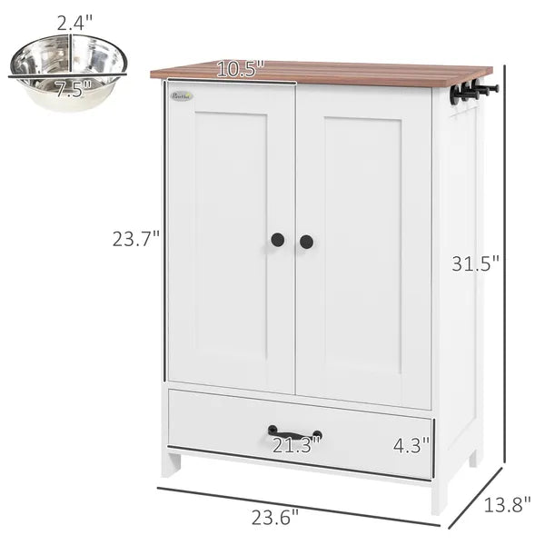 PawHut Pet Feeding Station for Medium Dogs, White, with Storage, Raised Bowls, Adjustable Panel, Hooks - product image 3