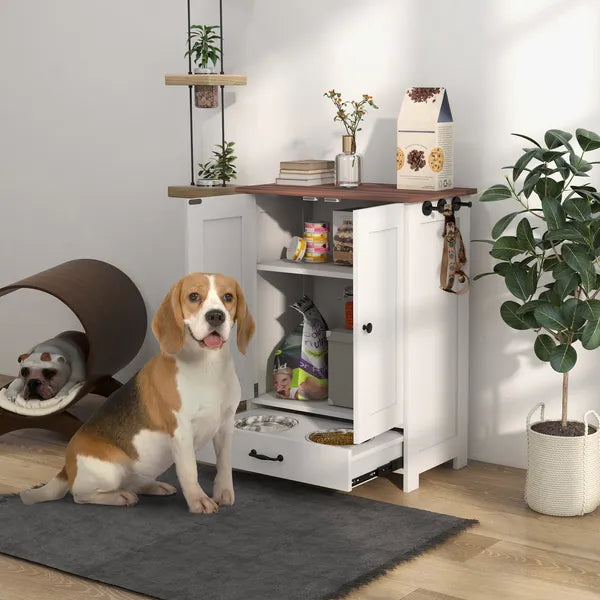 PawHut Pet Feeding Station for Medium Dogs, White, with Storage, Raised Bowls, Adjustable Panel, Hooks - product image 2