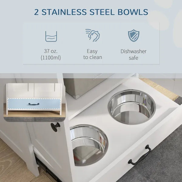 PawHut Pet Feeding Station for Medium Dogs, White, with Storage, Raised Bowls, Adjustable Panel, Hooks - product image 6