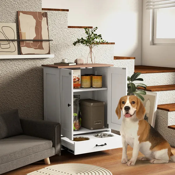 PawHut Pet Feeding Station for Medium Dogs, White, with Storage, Raised Bowls, Adjustable Panel, Hooks - product image 10