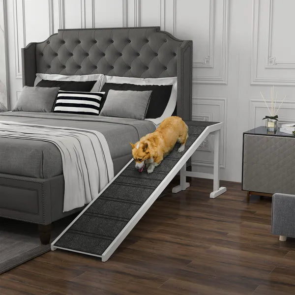 Pet Ramp for Dogs Non-slip Carpet Top Platform Pine Wood 74"L x 16"W x 25"H, Grey, White - product image 13